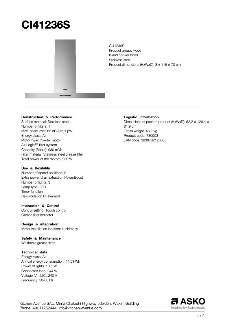 Page 1 de la notice Fiche technique Asko CI41236S