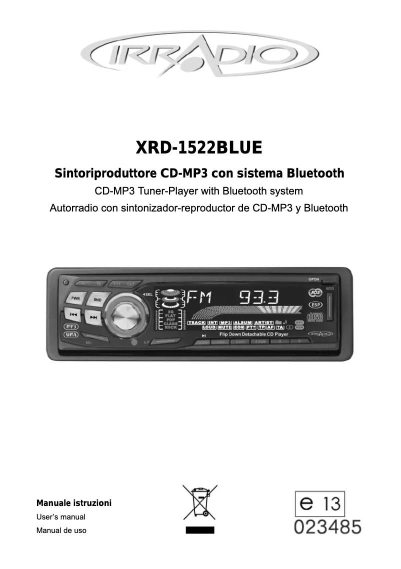 Page 1 de la notice Manuel utilisateur Irradio XRD-1522BLUE