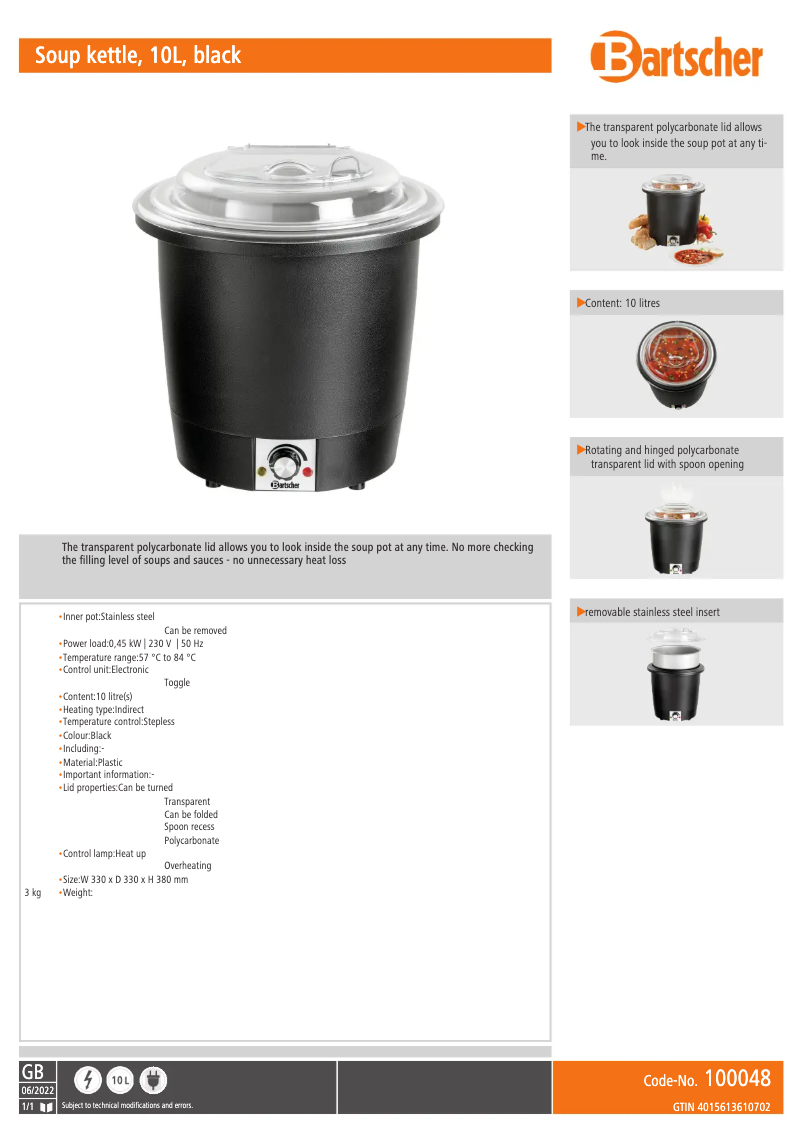 Page n°1 - Fiche technique Bartscher 100048