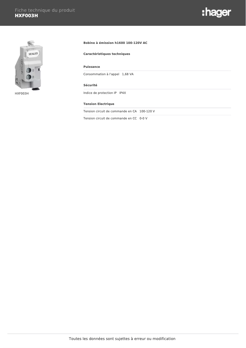 Page 1 de la notice Fiche technique Hager HXF003H