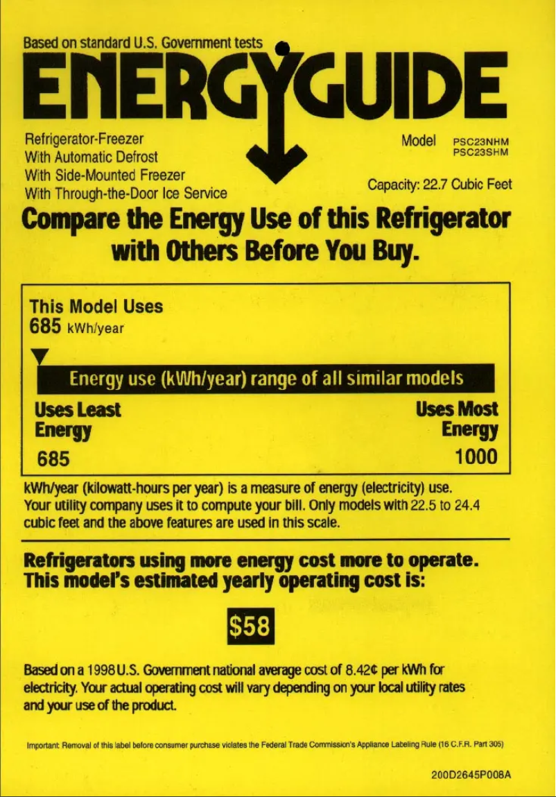 Page 1 de la notice Label énergétique GE PSC23NHMCC