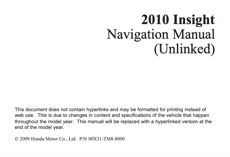 Page n°1 - Manuel utilisateur Honda Insight 2010 Navigation