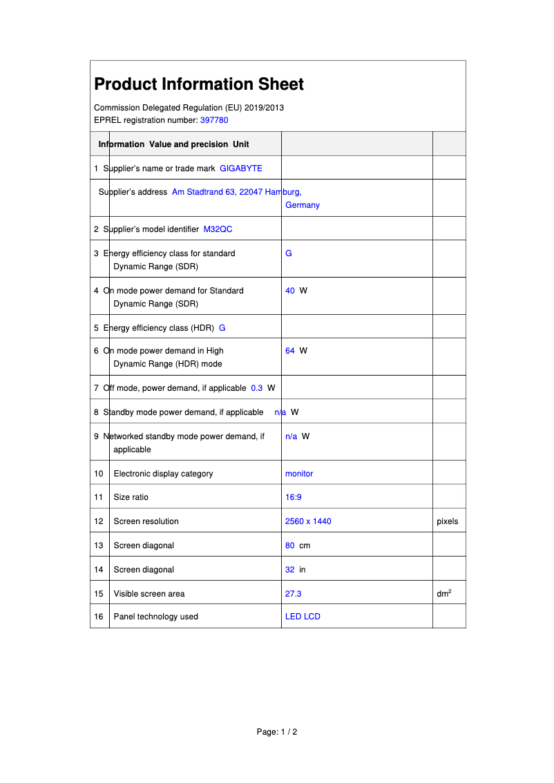 Page n°1 - Fiche technique Gigabyte M32QC