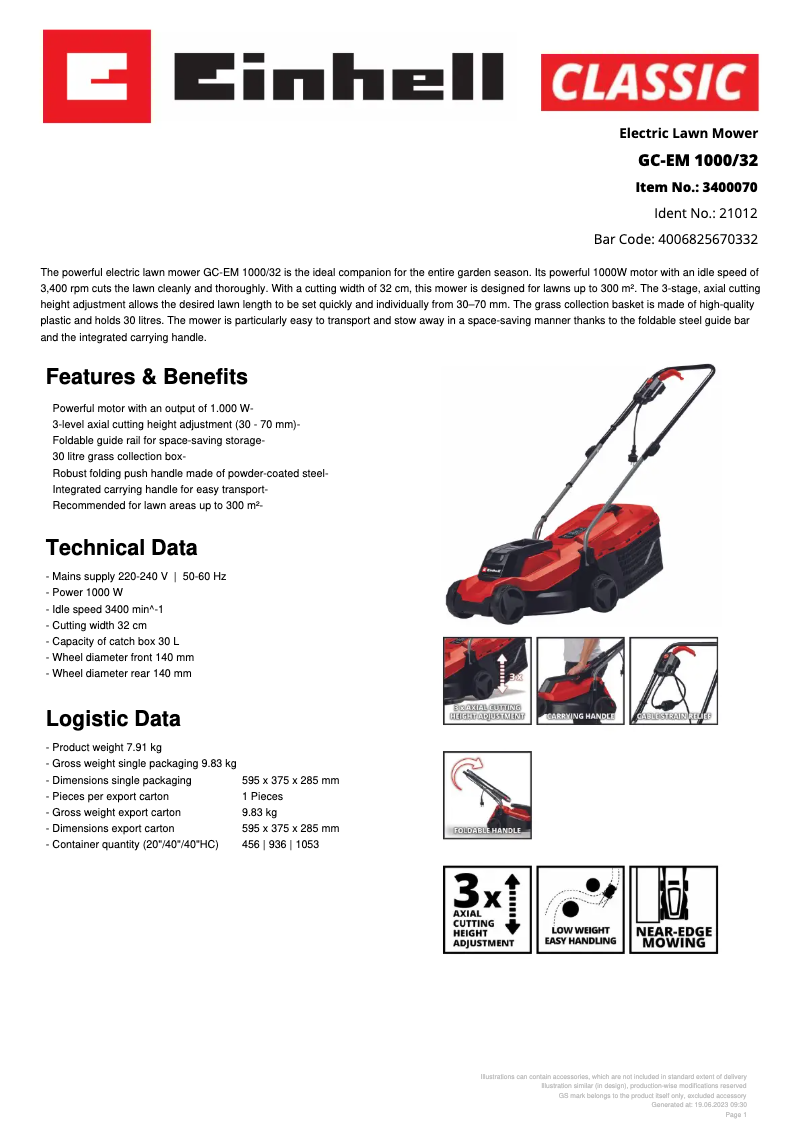 Page 1 de la notice Fiche technique Einhell GC-EM 1000/32