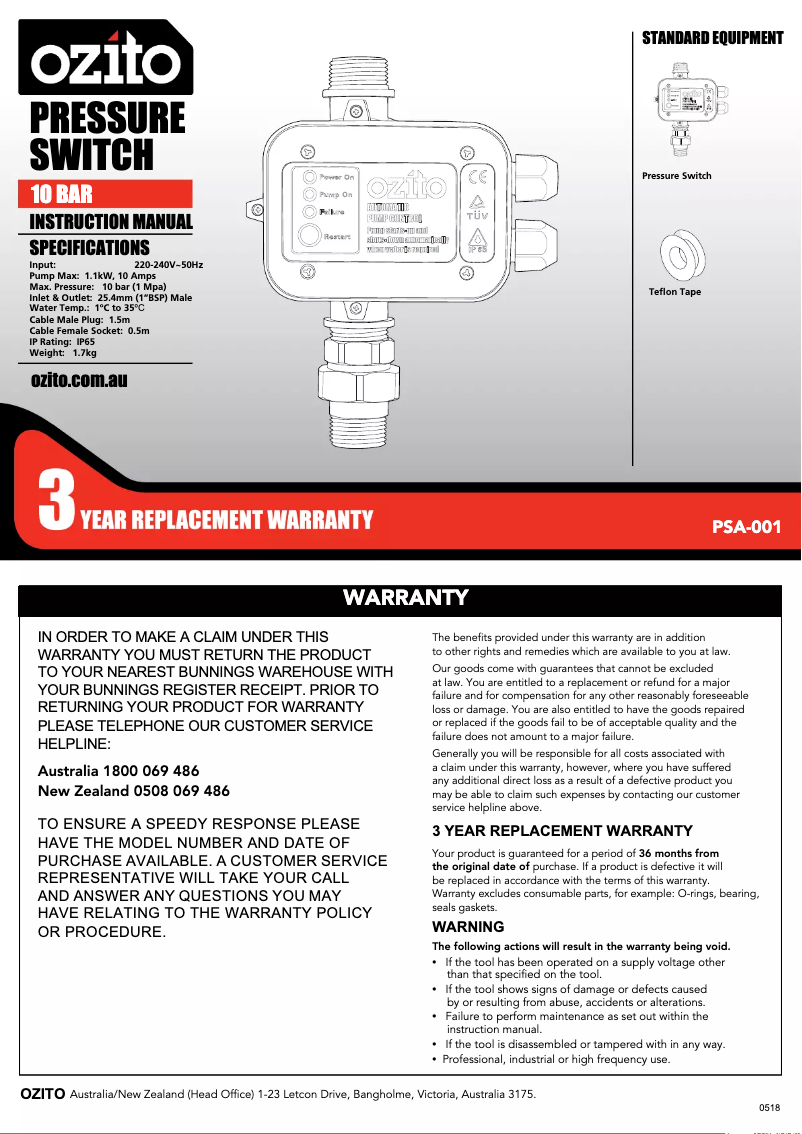 Page 1 de la notice Manuel utilisateur Ozito PSA-001