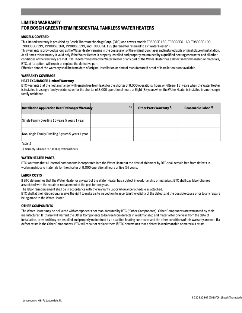 Page 1 de la notice Informations de garantie Bosch Greentherm T9800 SE 160/199