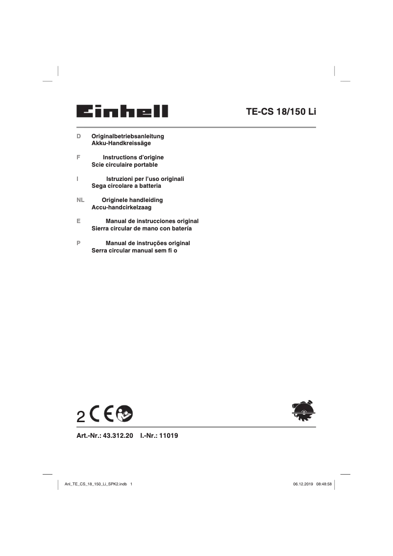 Page 1 de la notice Manuel utilisateur Einhell TE-CS 18/150 Li