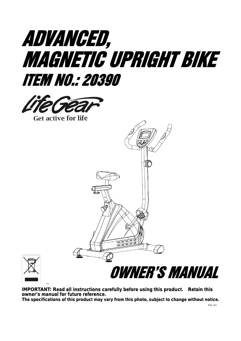 Página 1 del manual Manual de usuario Life Gear Advanced Magnetic Upright Bike 20390
