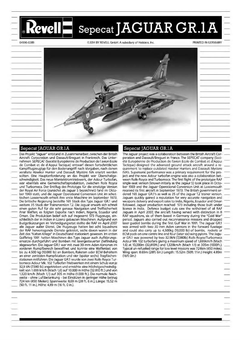 Page n°1 - Manuel utilisateur Revell Sepecat Jaguar GR.1A