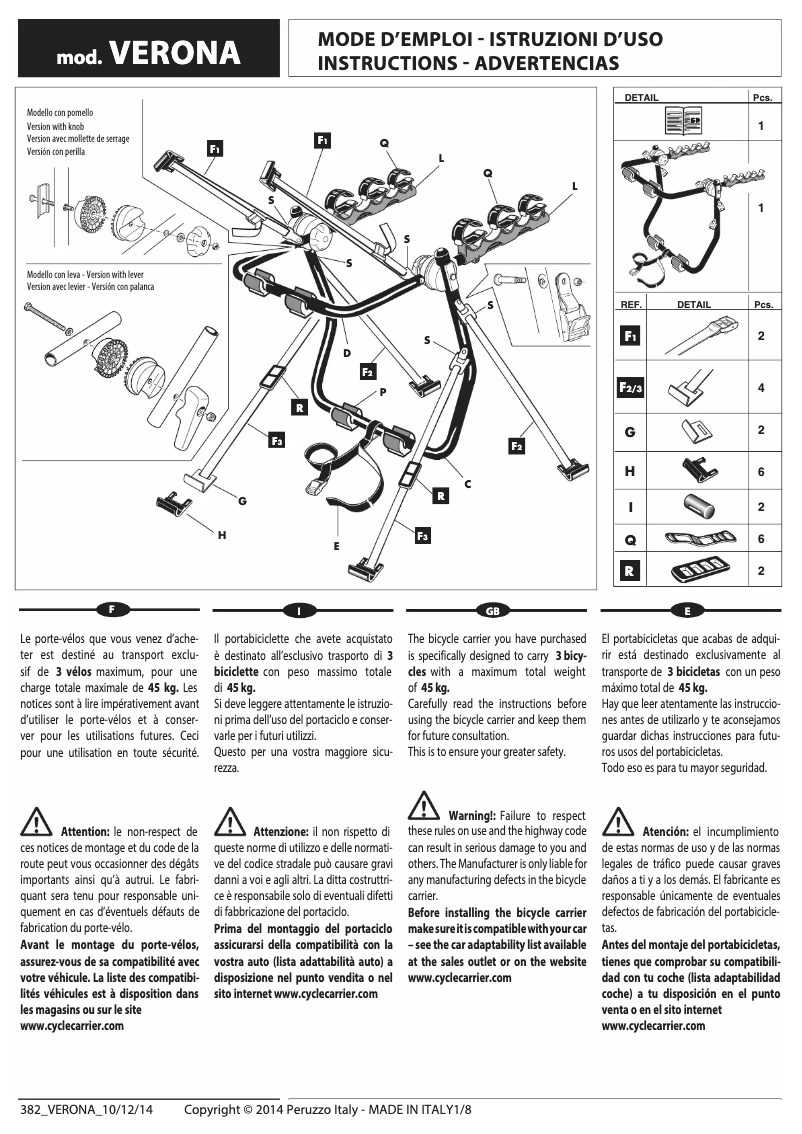 Page 1 de la notice Manuel utilisateur Peruzzo Verona