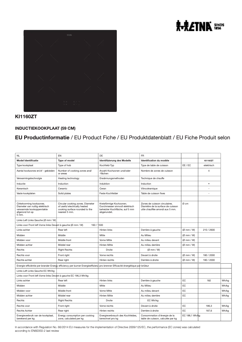 Page 1 de la notice Fiche technique Etna KI560ZT