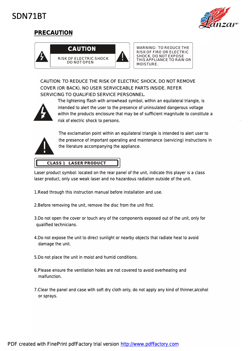Page 1 de la notice Manuel utilisateur Lanzar SDN71BT