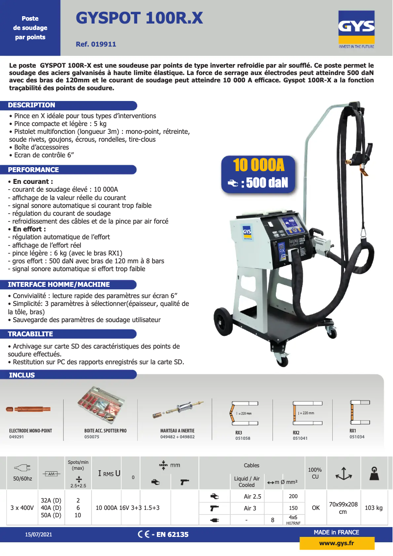 Page 1 de la notice Fiche technique GYS Gyspot 100 R.X