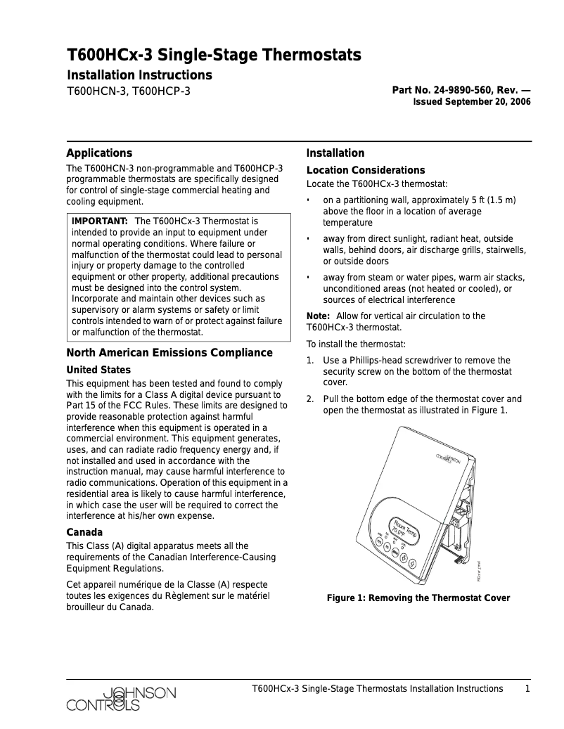 Página 1 del manual Manual de usuario Johnson Control T600HCP-3
