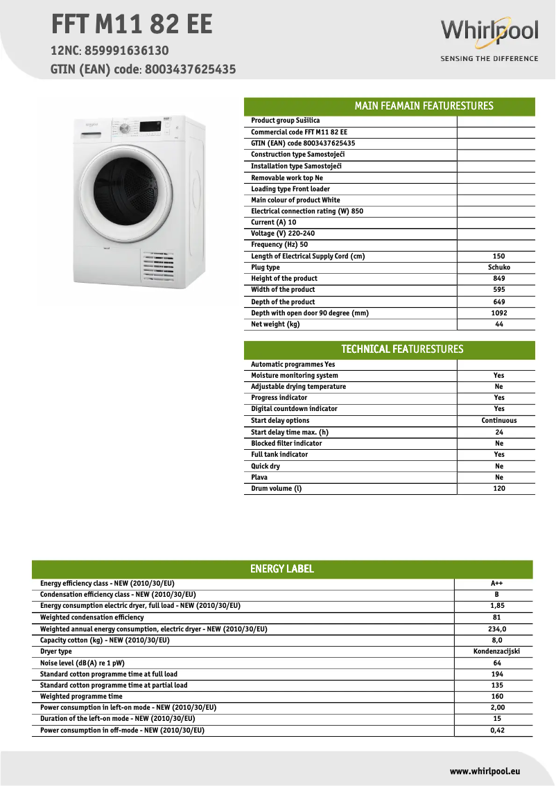 Page 1 de la notice Fiche technique Whirlpool FFT M11 82 EE