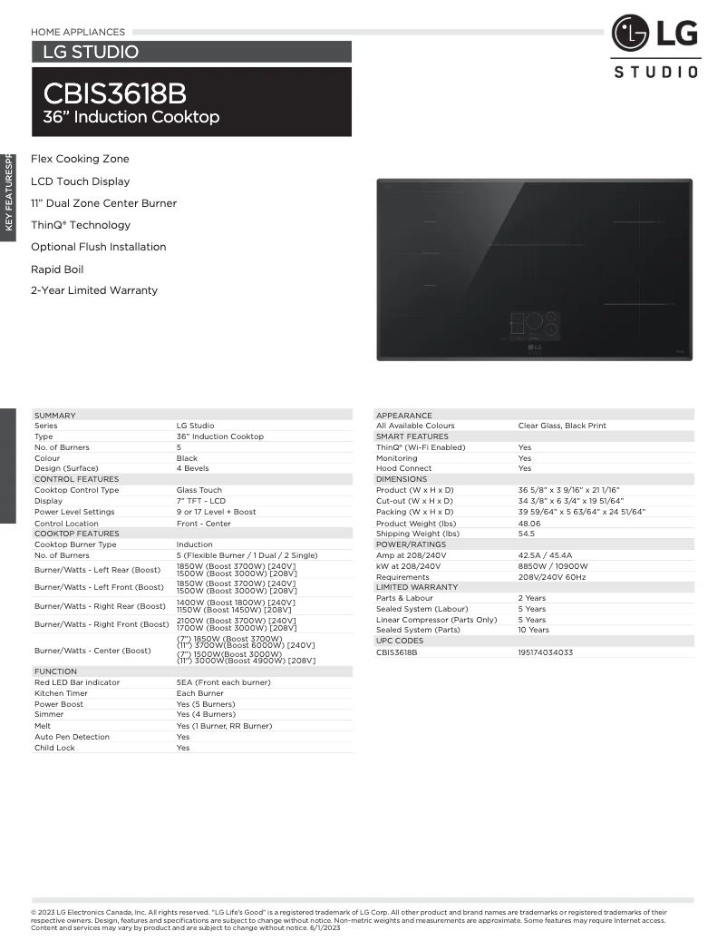 Page 1 de la notice Fiche technique LG CBIS3618B