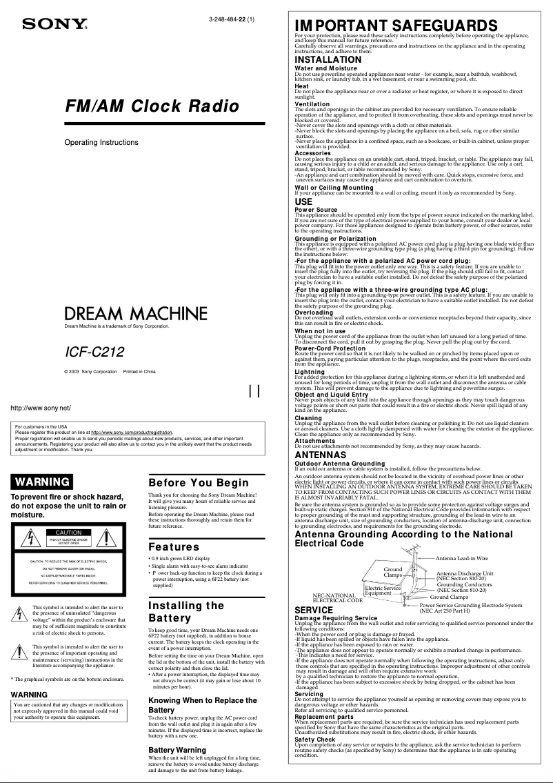 Page 1 de la notice Manuel utilisateur Sony ICF-C212