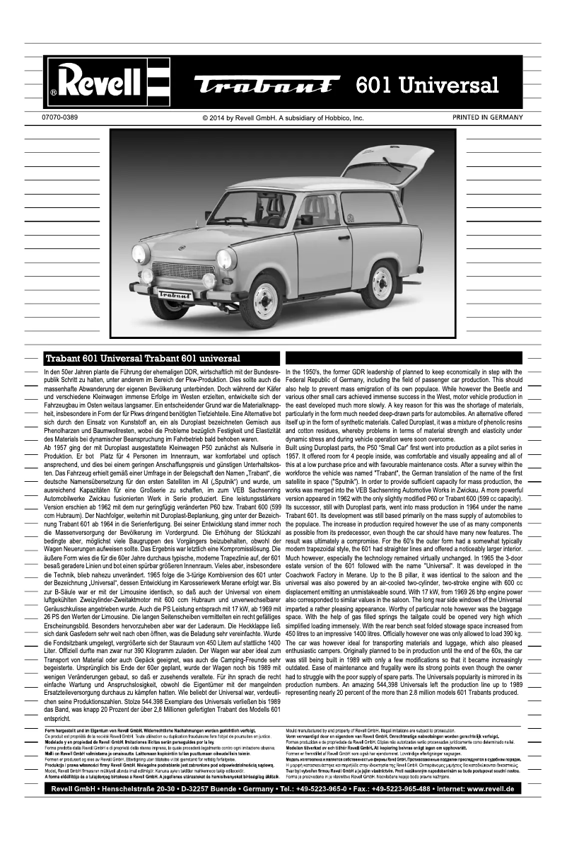 Page 1 de la notice Manuel utilisateur Revell Trabant 601 Universal