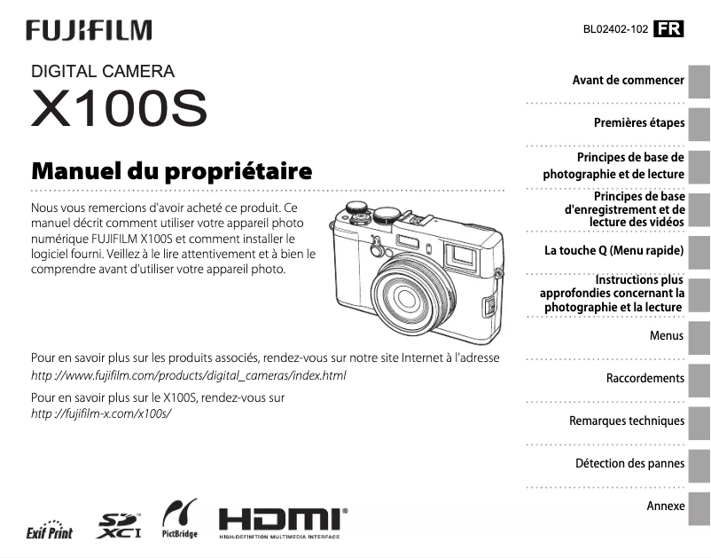 Page 1 de la notice Manuel utilisateur Fujifilm X100S