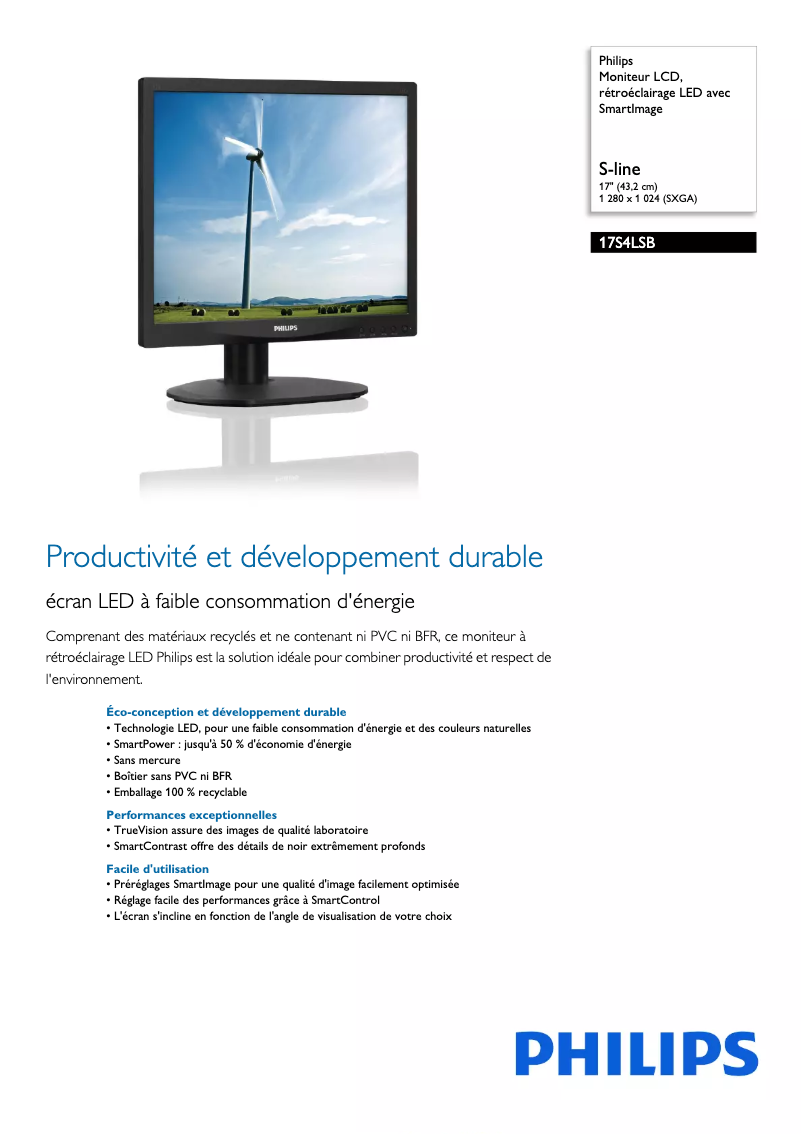 Page 1 de la notice Fiche technique Philips S Line 17S4LSB