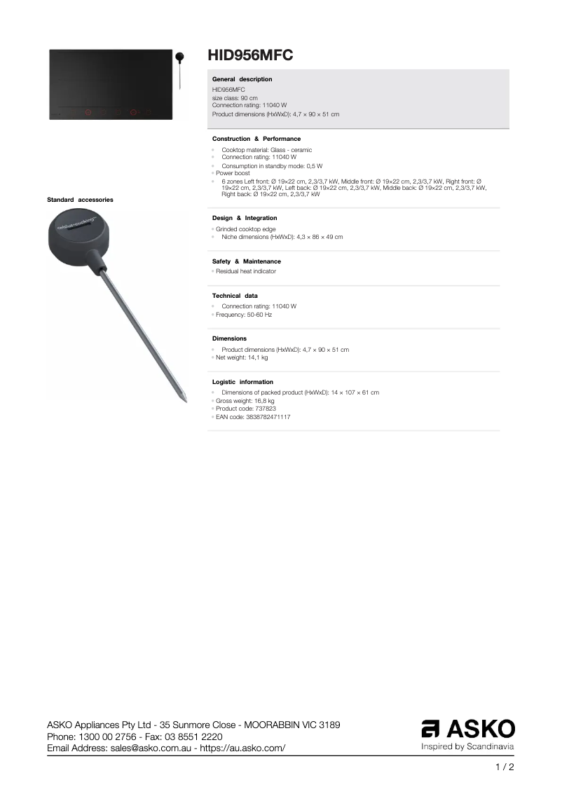 Page n°1 - Fiche technique Asko HID956MFC