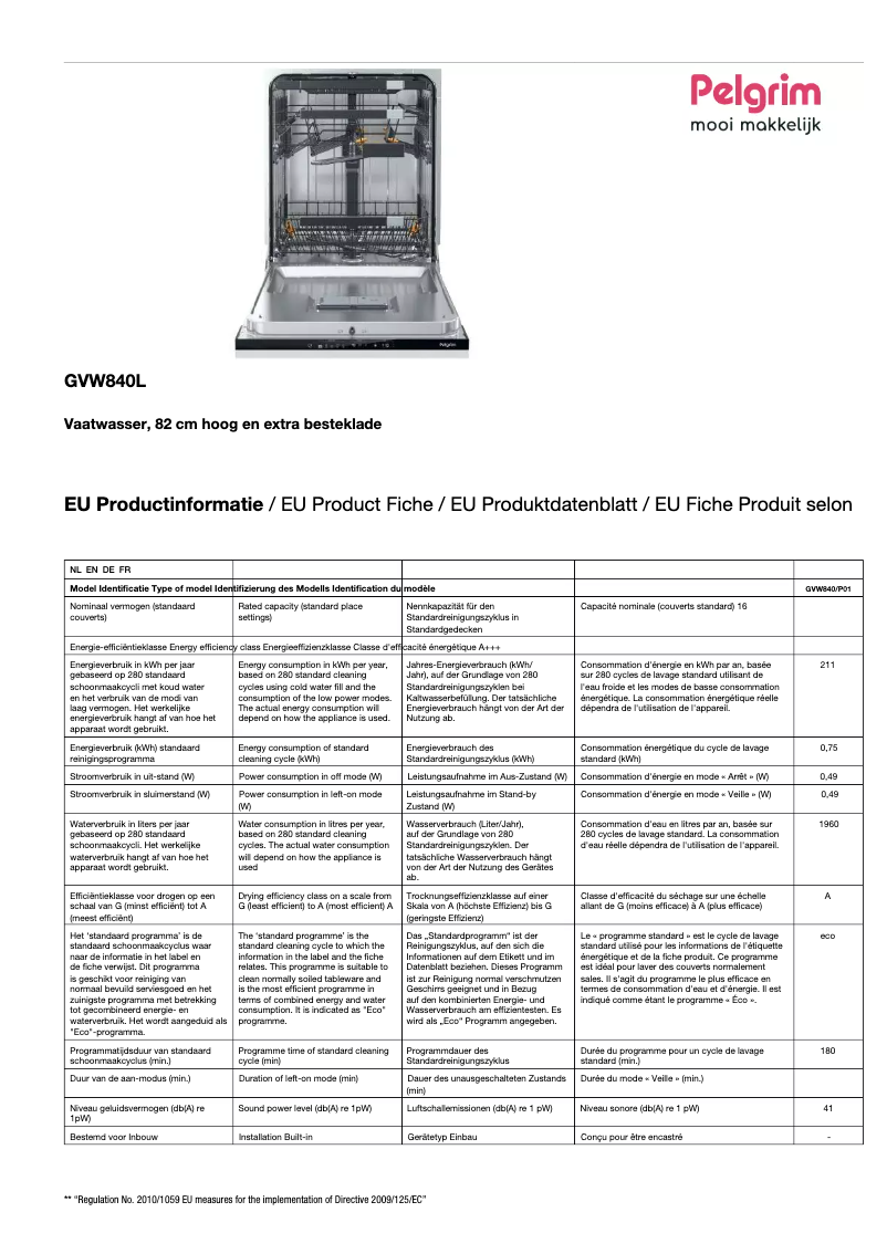 Page 1 de la notice Fiche technique Pelgrim GVW840L