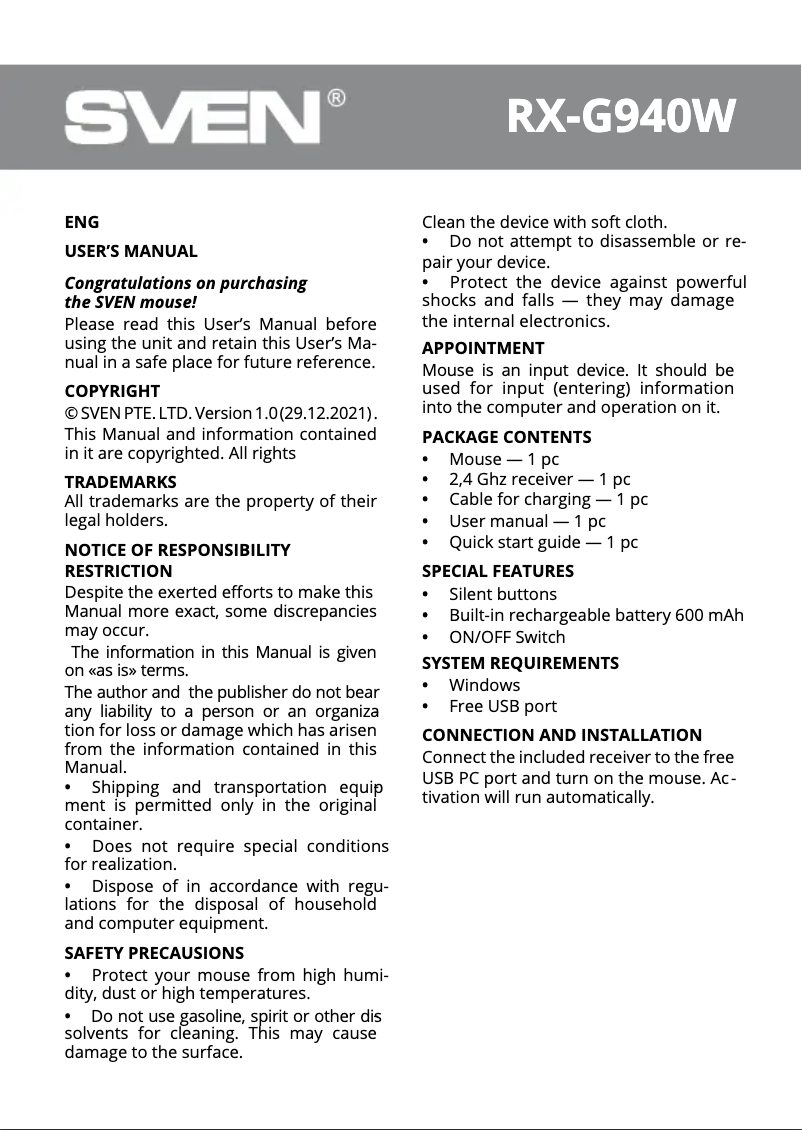 Página 1 del manual Manual de usuario Sven RX-G940W