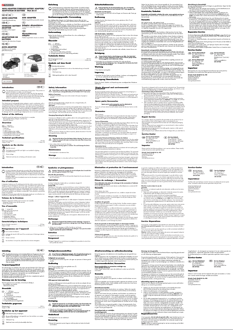 Page n°1 - Manuel utilisateur Parkside PAA 20 A1