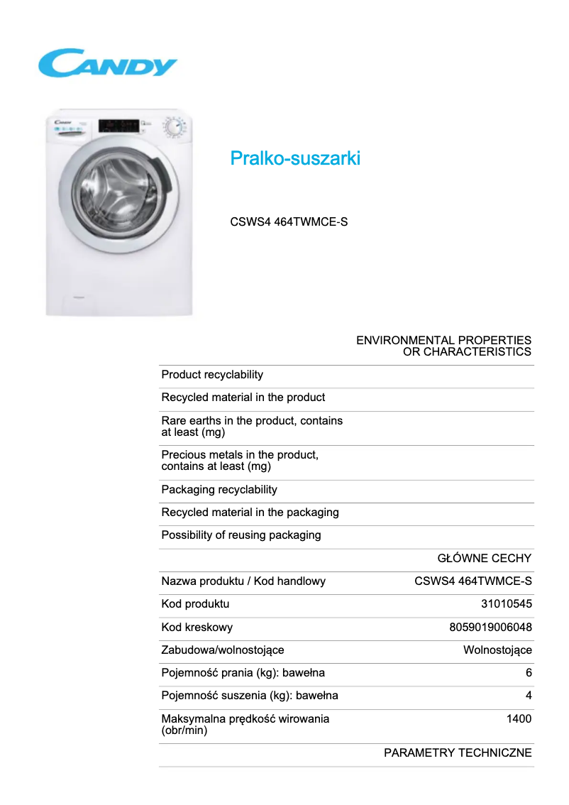 Page 1 de la notice Fiche technique Candy CSWS4 464TWMCE-S