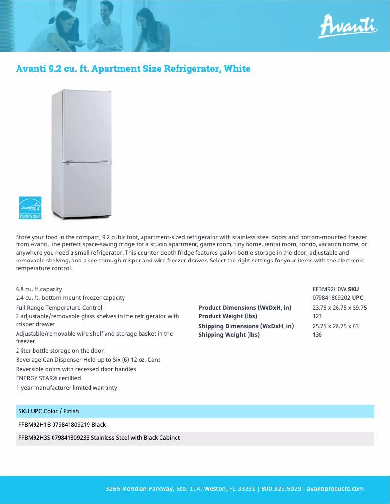 Page n°1 - Fiche technique Avanti FFBM92H1B