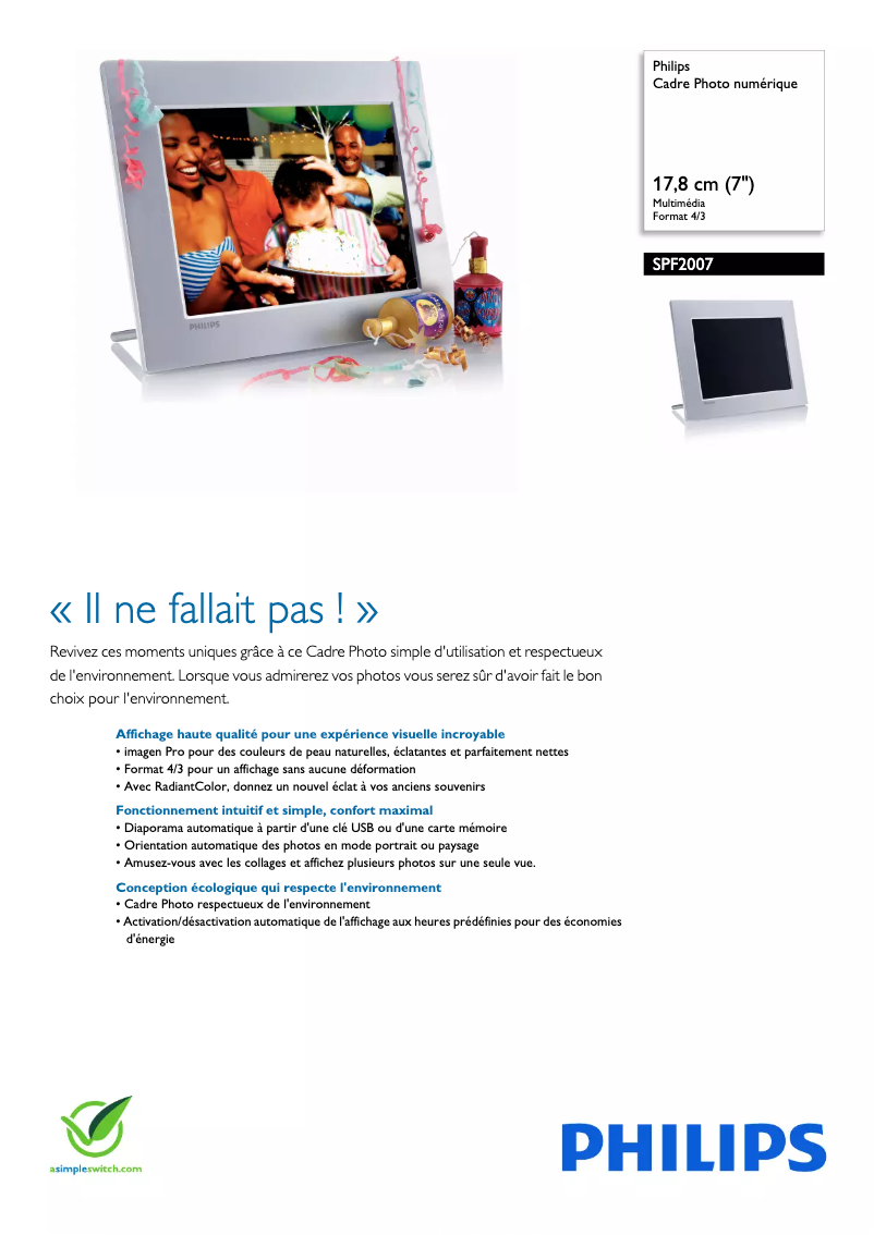 Page 1 de la notice Fiche technique Philips SPF2007