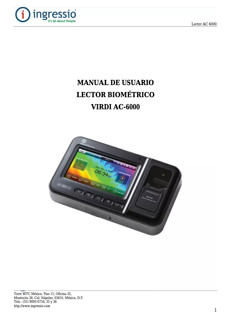 Page 1 de la notice Manuel utilisateur Ingressio Lector Virdi AC-6000