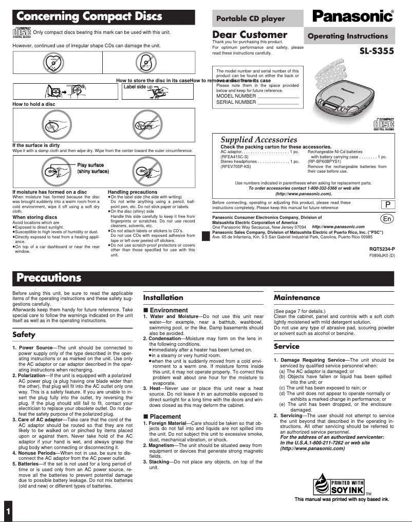 Page 1 de la notice Manuel utilisateur Panasonic SL-S355