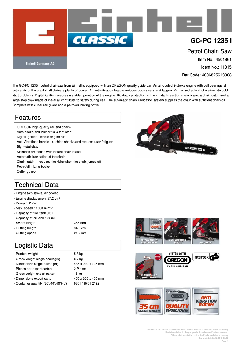 Page 1 de la notice Fiche technique Einhell GC-PC 1235 I