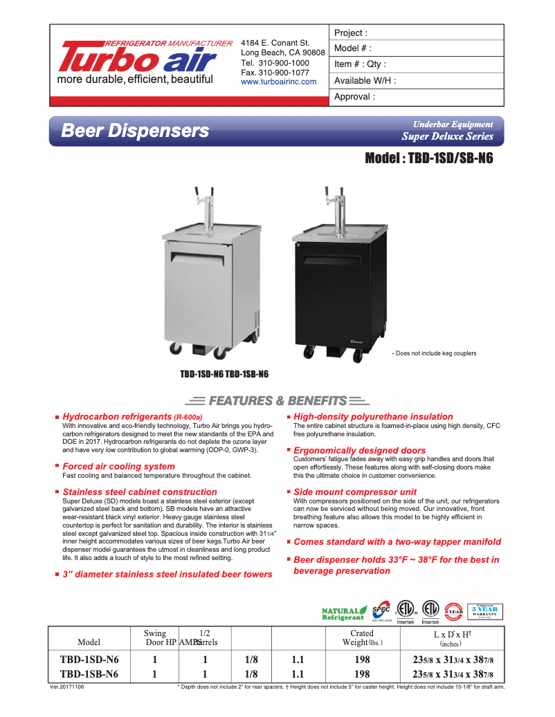 Page n°1 - Fiche technique Turbo air TBD-1SD