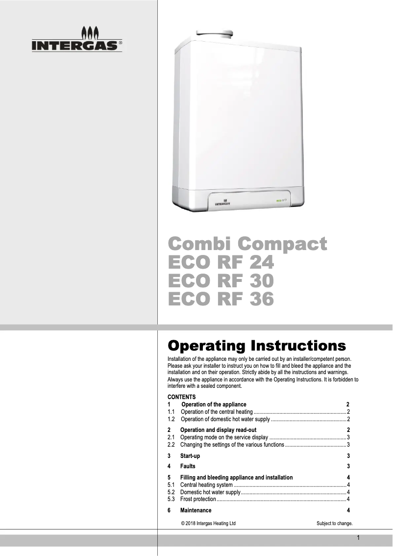 Page 1 de la notice Manuel utilisateur Intergas Combi Compact ECO RF 30