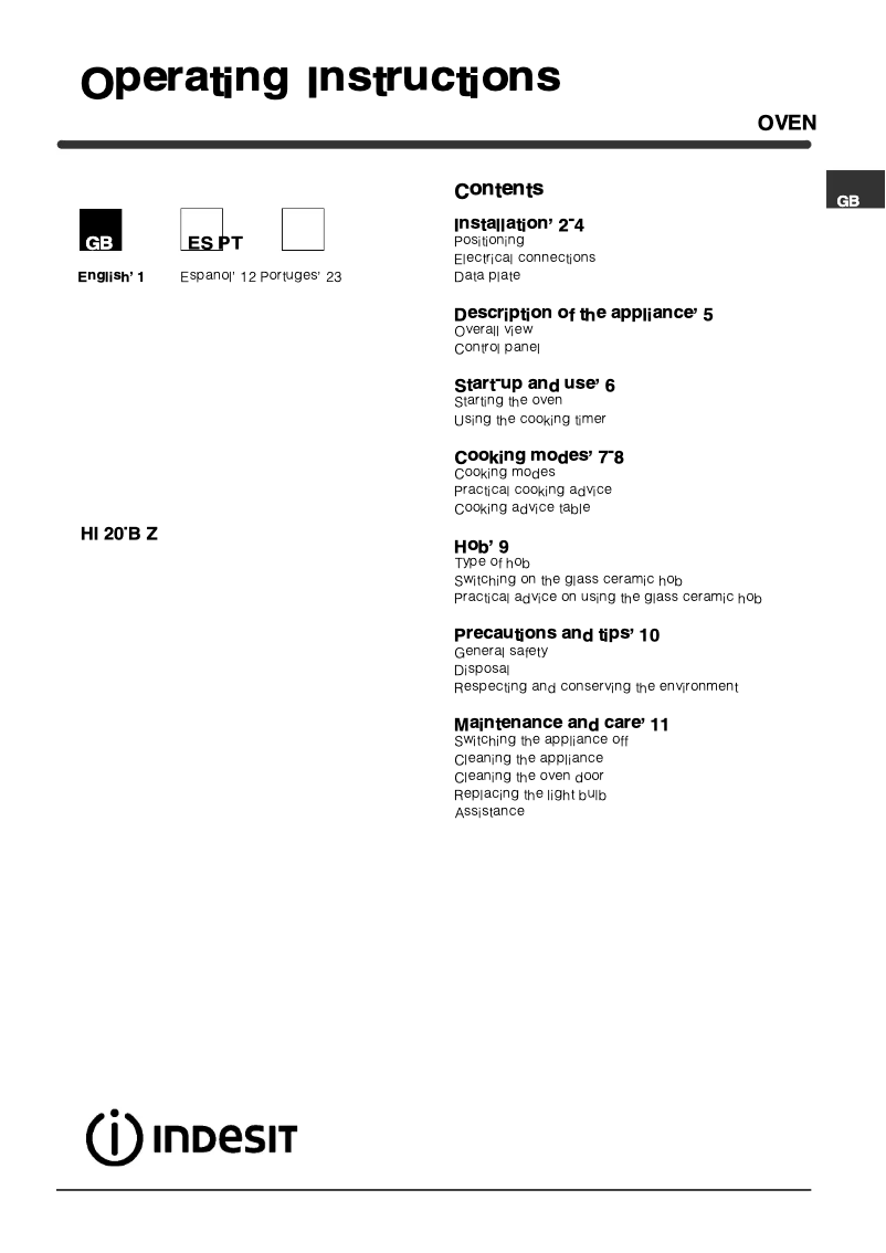 Page n°1 - Manuel utilisateur Indesit HI 20.B (IX) Z