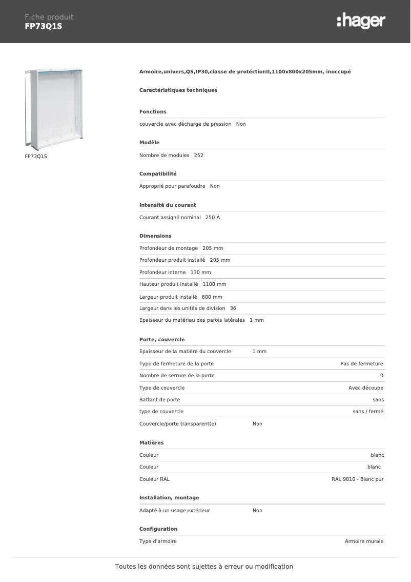 Page 1 de la notice Manuel utilisateur Hager FP73Q1S