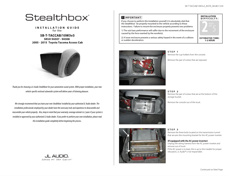 Page 1 de la notice Manuel utilisateur JL Audio Stealthbox SB-T-TACACCAB/10W3v3/TN