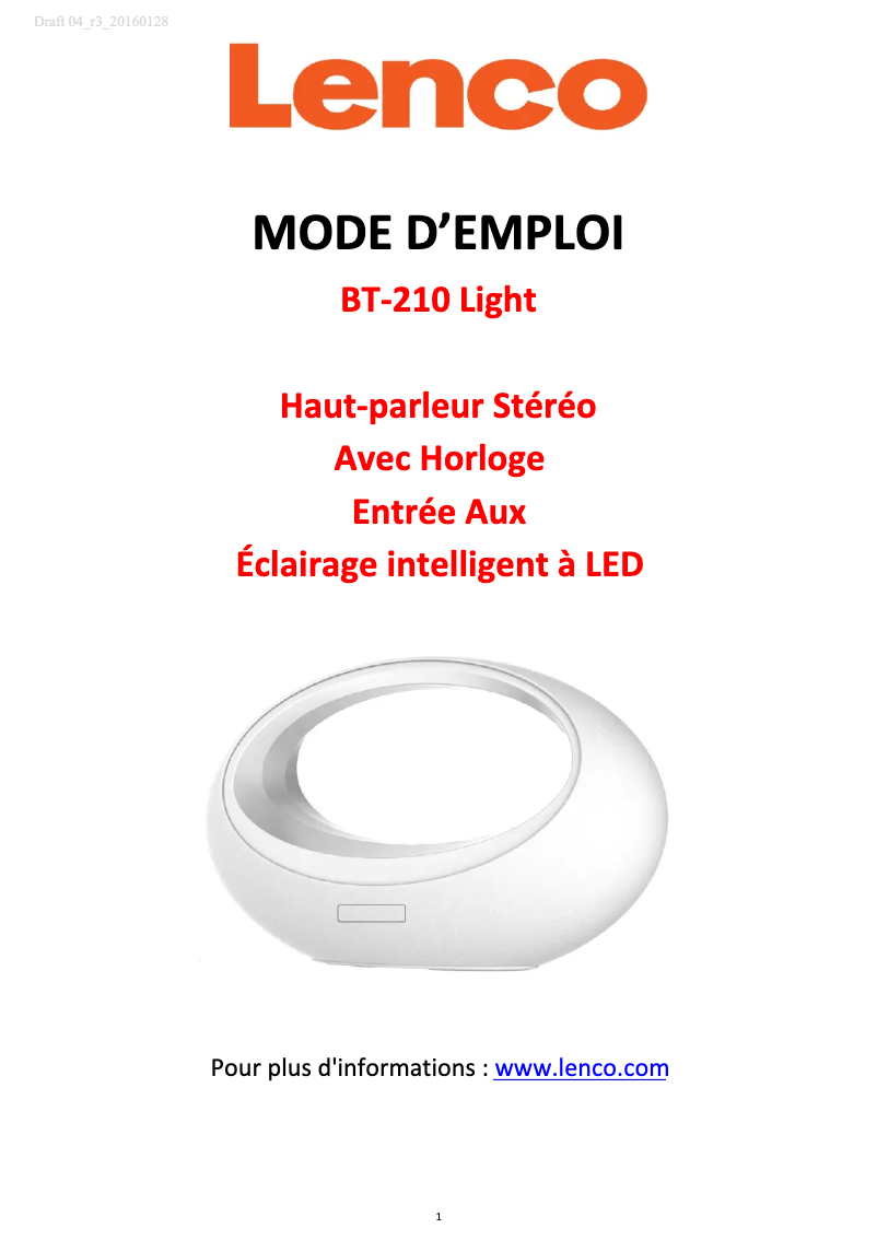 Page 1 de la notice Manuel utilisateur Lenco BT-210 Light