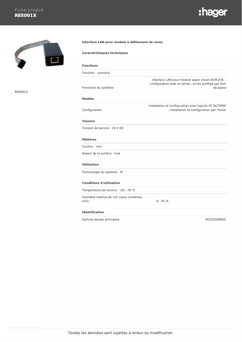Page 1 de la notice Fiche technique Hager REE001X