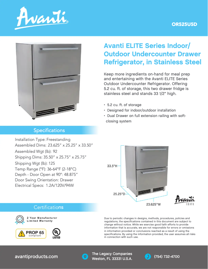 Page 1 de la notice Fiche technique Avanti OR525U5D