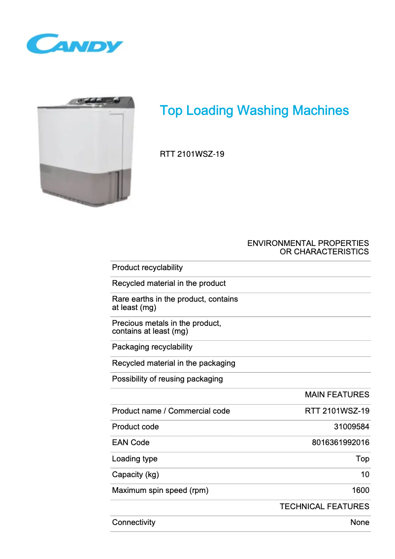 Page 1 de la notice Fiche technique Candy RTT 2101WSZ-19