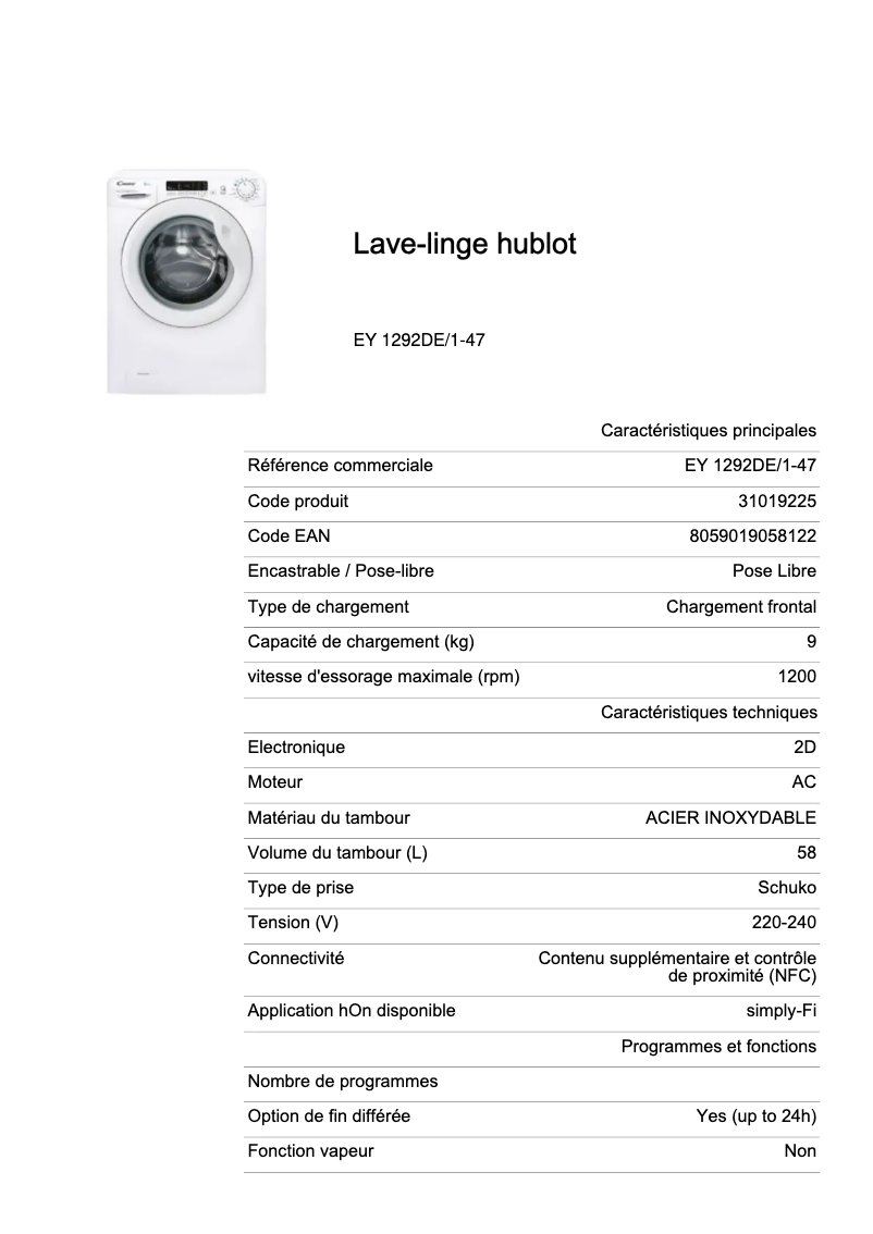 Page 1 de la notice Fiche technique Candy EY 1292DE/1-47