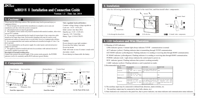 Page 1 de la notice Guide d'installation ZKTeco inBio-160