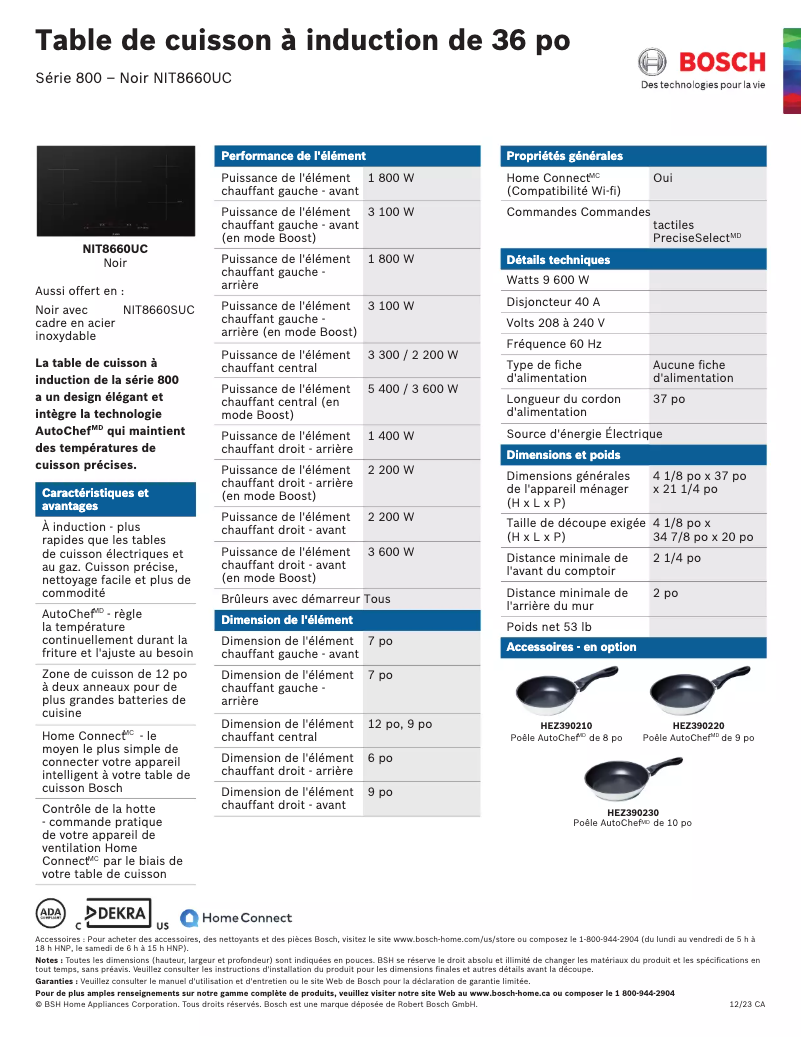 Page 1 de la notice Fiche technique Bosch NIT8660UC