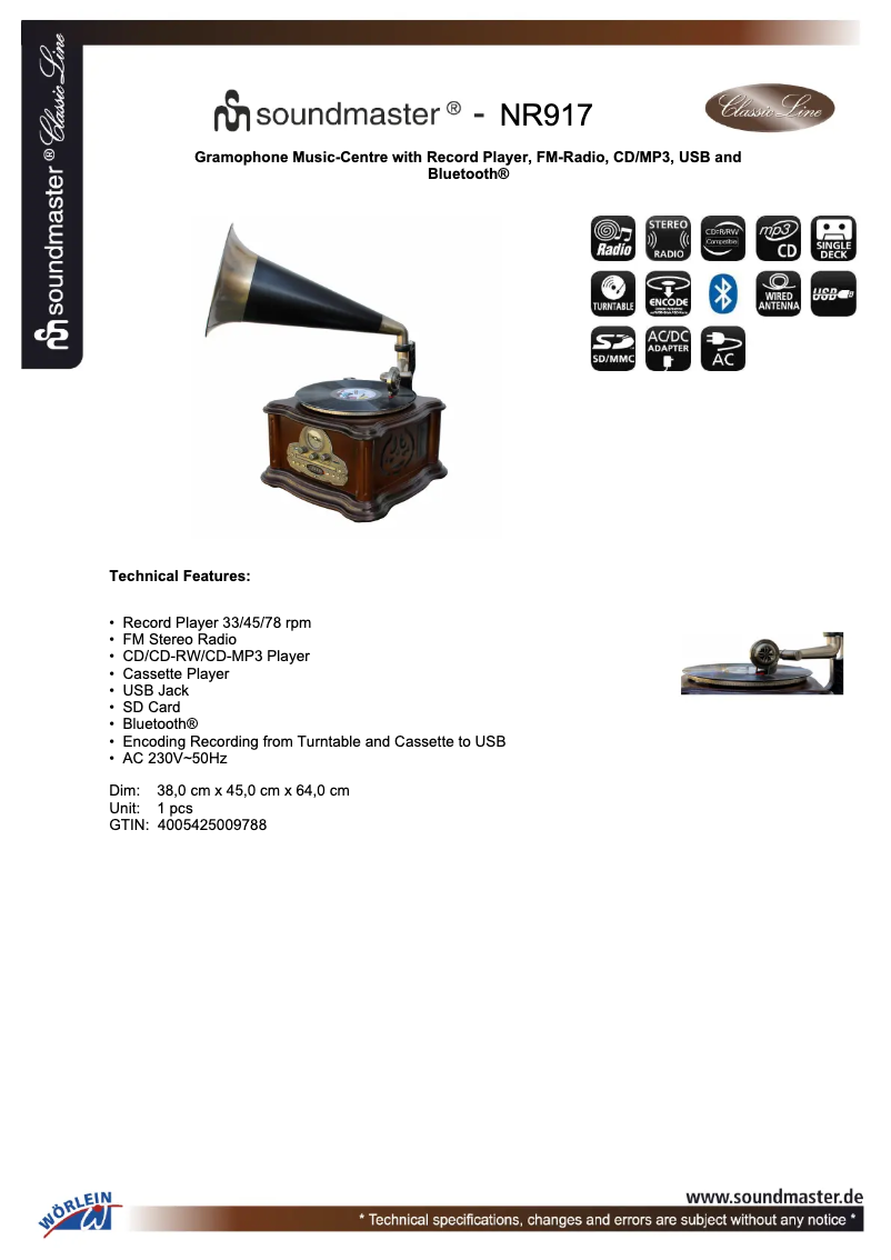 Page 1 de la notice Fiche technique Soundmaster NR917