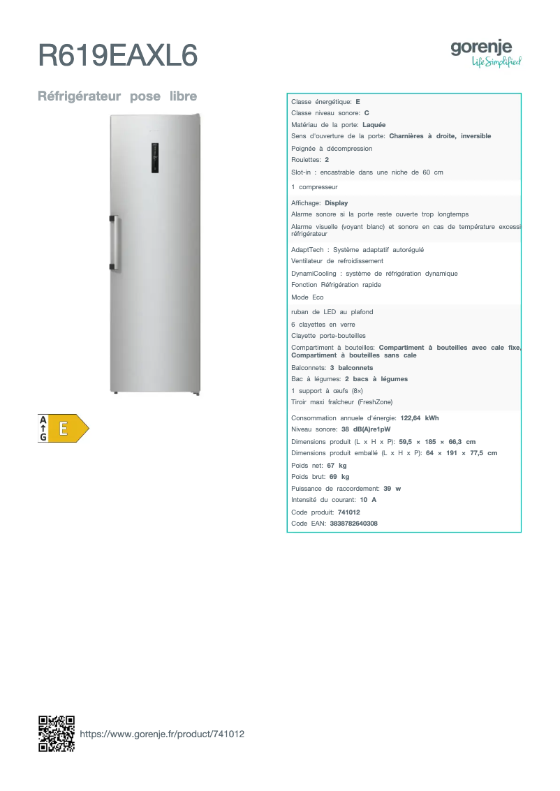 Page 1 de la notice Fiche technique Gorenje R619EAXL6