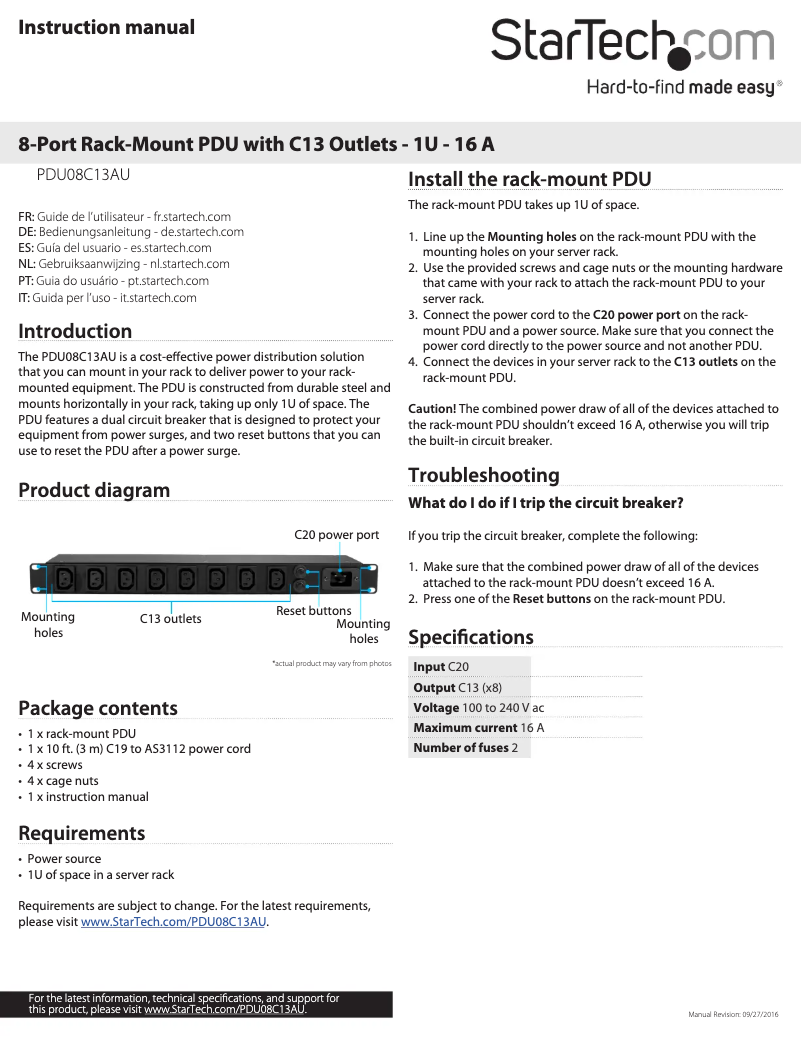 Page 1 de la notice Manuel utilisateur StarTech.com PDU08C13AU
