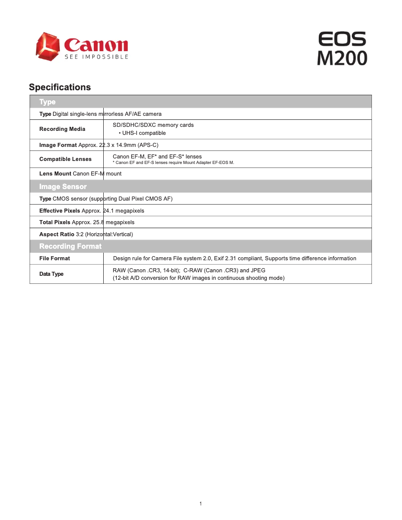 Page 1 de la notice Fiche technique Canon EOS M200